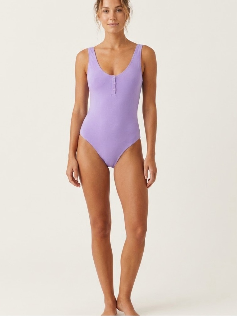 Aerie Women’s Small Long Lavender One Piece Swimsuit Button Front Scoop Back